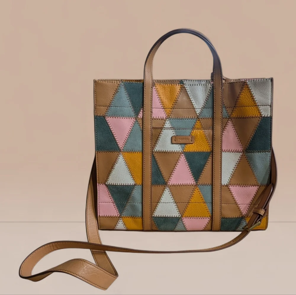 👜 Fossil Patchwork Leather Tote Satchel Crossbody - Picture 2 of 13